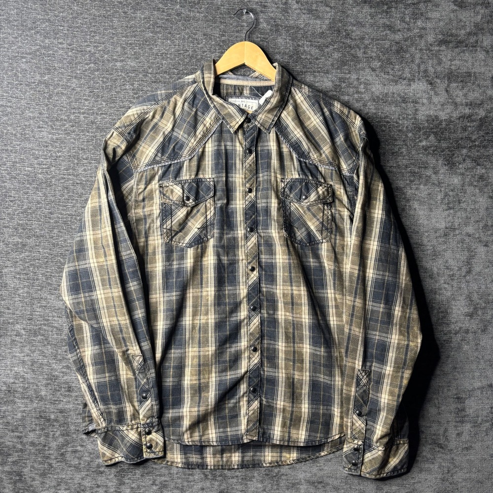BKE Buckle Vintage Mens 3XL Plaid Western Pearl Snap Long Sleeve Shirt Blue Tan